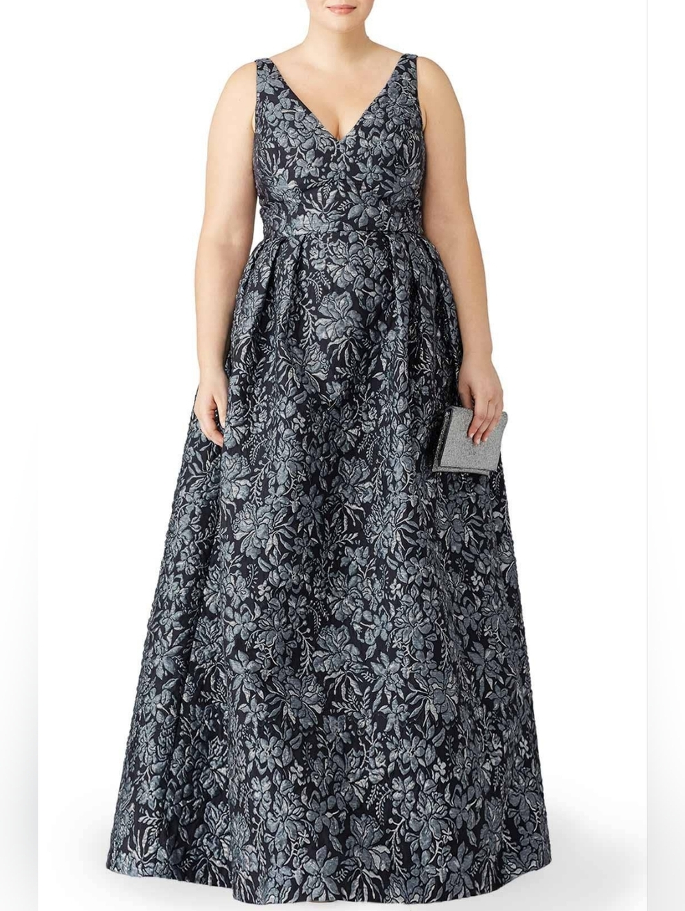 Theia Floral Slate Ballgown Gown Sleeveless V-neckline Size 22